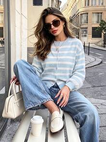 Women's Autumn Blue & White Striped Knit Cardigan, Round Neck, Button Front, Lantern Sleeves, Ribbed Hem, Casual Back To School Daily Top - Blue and White - View 10