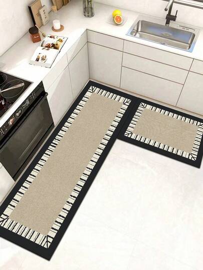 1 Pc Border Stripe Lines Pattern Kitchen Mat, 3.5 Mm Soft Rubber That Absorbs Water And Is Easy To Clean. Suitable For Corridors, Bathrooms, Living Rooms, Outdoor Door Mats, And Toilets. Useable Throughout The Year And For Various Holidays.