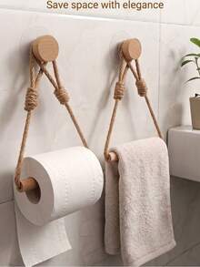 1/2 Rope Fabric Storage Rack Solid Wood Woven Towel Rack Drill-Free Creative Toilet Paper Holder Elegant Beautiful Practical Bathroom Accessory Essential For Every Home - Apricot - View 1