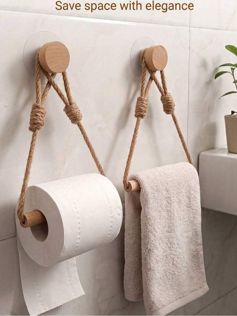 1/2 Rope Fabric Storage Rack Solid Wood Woven Towel Rack Drill-Free Creative Toilet Paper Holder Elegant Beautiful Practical Bathroom Accessory Essential For Every Home - Apricot - View 1
