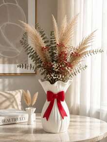 1pc White Bow Vase, Ruffled Rim Ribbed Flower Vase, Cute Pink/Red Bow Decor, Aesthetic Home Living Room Bedroom Tabletop Shelf Decor, Elegant Floral Arrangement Gift Vase - Multicolor - View 5