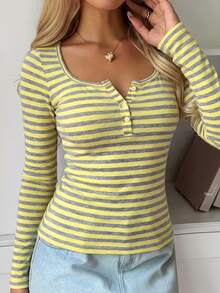 SCARLUX Women's Autumn Y2K Basic Yellow & Grey Striped Long Sleeve Top, U-Neck Button Fitted Cropped T-Shirt, Suitable For Back To School Daily Streetwear - Yellow - View 8