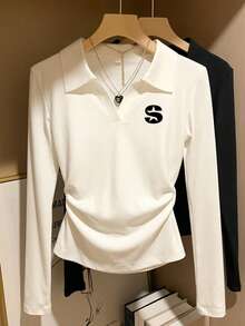 Korean Sweet Cool Style Small Logo Chest Polo Collar Slim Fit Long Sleeve T-Shirt White Fitted Flattering Petite Versatile Autumn Base Layer - White - View 2