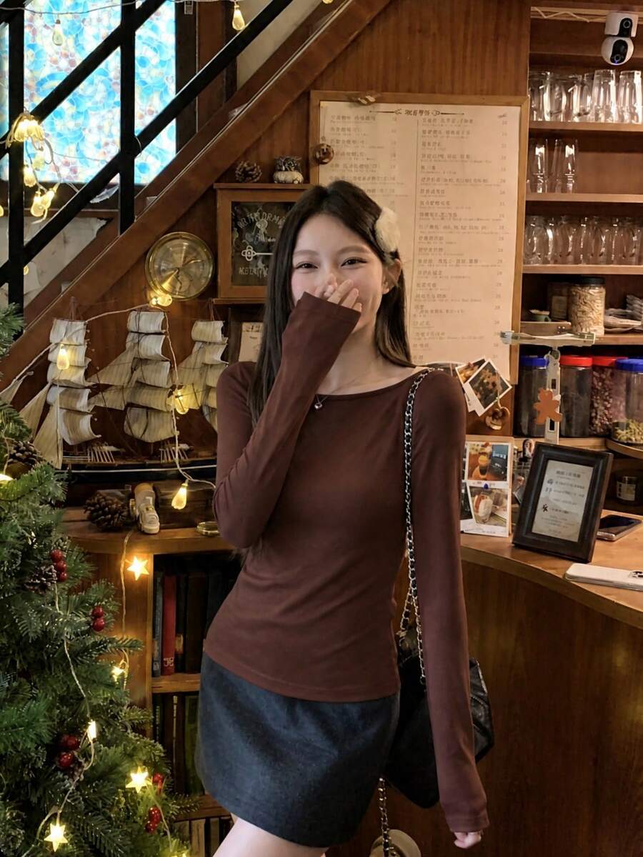 Autumn/Winter Solid Color Slim Fit Flattering Asymmetrical Shoulder Long Sleeve Elegant Knit Sweater - Brown - View 1