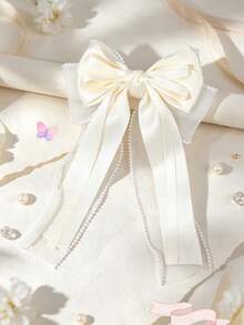 1pc Beige Grosgrain Ribbon Hair Bow For Girls Pearl Lace Trim Decor Long Streamer Alligator Clip Sweet Daily Hair Clips Kids Hair Accessories - Beige - View 1