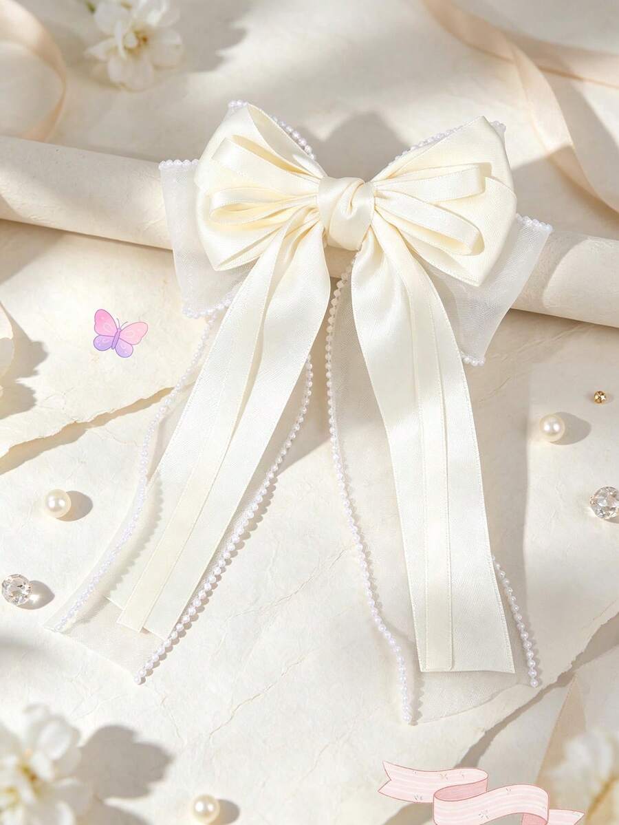 1pc Beige Grosgrain Ribbon Hair Bow For Girls Pearl Lace Trim Decor Long Streamer Alligator Clip Sweet Daily Hair Clips Kids Hair Accessories - Beige - View 1