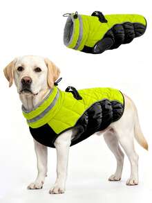 1pc Zippered Colorblock Cotton Padded Pet Coat With Elastic Drawstring, Reflective Trim Collar, Warm Lining, Down Jacket For Cats And Dogs - Green - View 15
