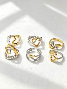 6pcs 18K Gold Plated Stainless Steel Ring Set, Heart Shape, Ins Style, Waterproof Jewelry, Elegant Rings, Stackable Rings, Gold Tone Jewelry Set, Exquisite Gift - Multicolor - View 3