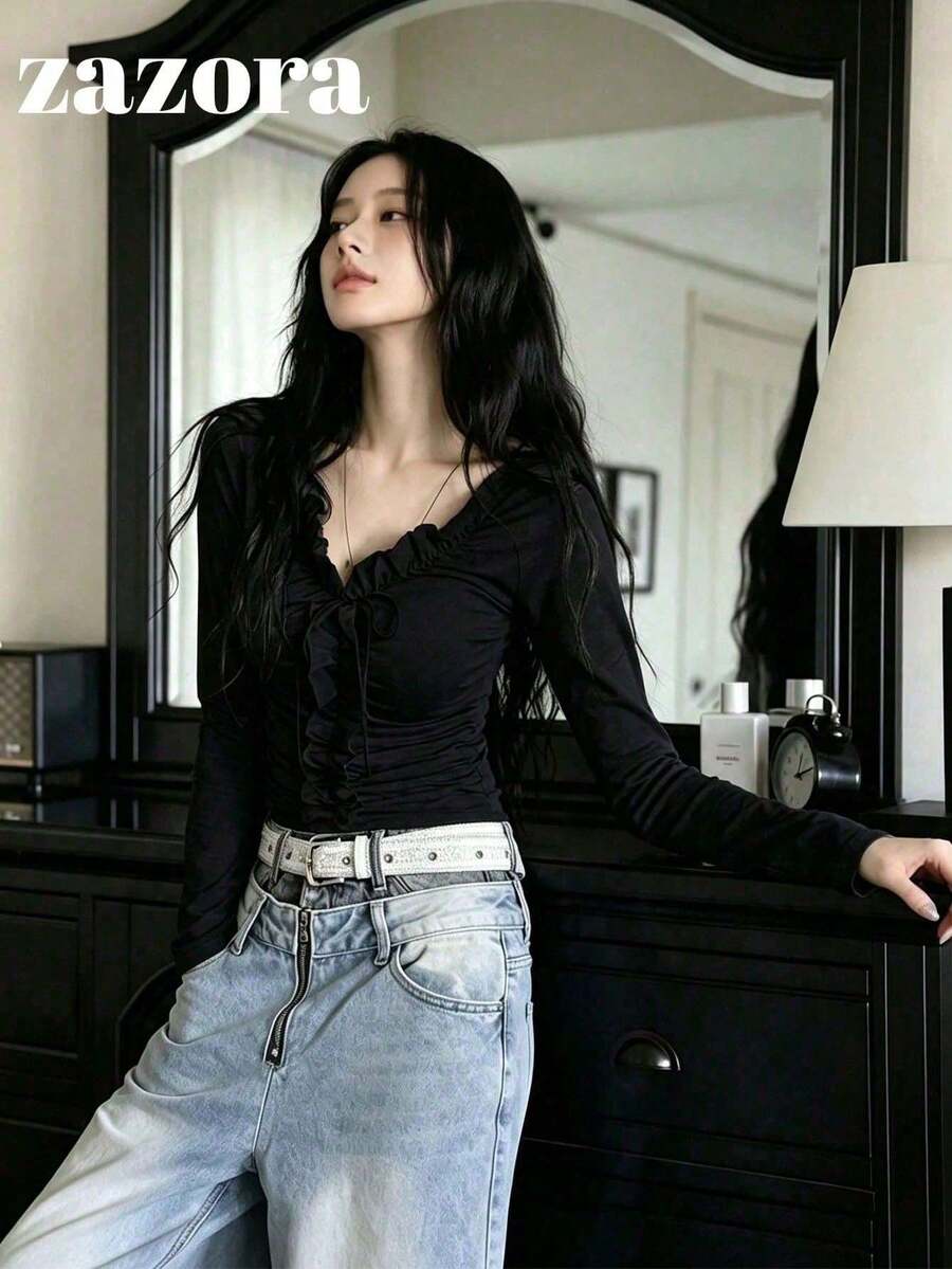 Korean Style Niche Exquisite 3D Ruffle Trim Long Sleeve T-Shirt For Women, Unique Inner Layer Top - Black - View 1