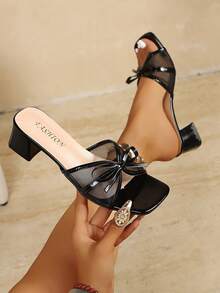 Women's Black Mesh Bow Chunky Heel Slide Sandals, Square Toe Open Toe Outdoor Wear Slip-On Slippers, Elegant Party Date Versatile Mid-Heel Sandals - Black - View 13