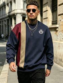 Men's Vintage Vertical Striped Colorblock Print Crew Neck Loose Drop Shoulder Sweatshirt - Multicolor - View 3