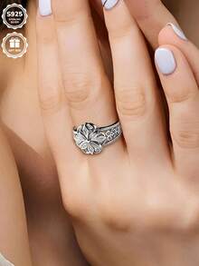 1pc S925 Sterling Silver Vintage Hollow Lotus Shaped Ring, Perfect For Daily Wear And Anniversary Gift, Comes With Gift Box - Silver - View 4