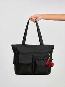 Women's Fashion Versatile Solid Color Nylon Tote Bag, Large Capacity Multi-Pocket Handbag, Suitable For School, Commuting And Daily Use - Black - View 7