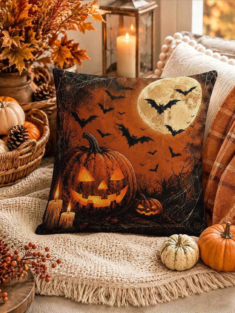 Halloween Table Runner, Throw Pillow, Placemat, Vintage Dark Orange Full Moon Bat Pumpkin Lantern Candle Spider Web Long Table Runner, Halloween Party Decoration, Distressed Print Fabric Table Mat - Multicolor - View 7