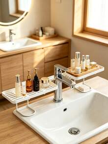1pc Bathroom Faucet Storage Rack, No‑Drill Wall‑Mounted Squishy‑Textured Organizer, Multi‑Color Simple Solid Pattern Plastic Material, All‑Season Minimalist Style For Adults, Vanity Sink Washroom Countertop Bathroom Household Occasion Christmas - Multicolor - View 5
