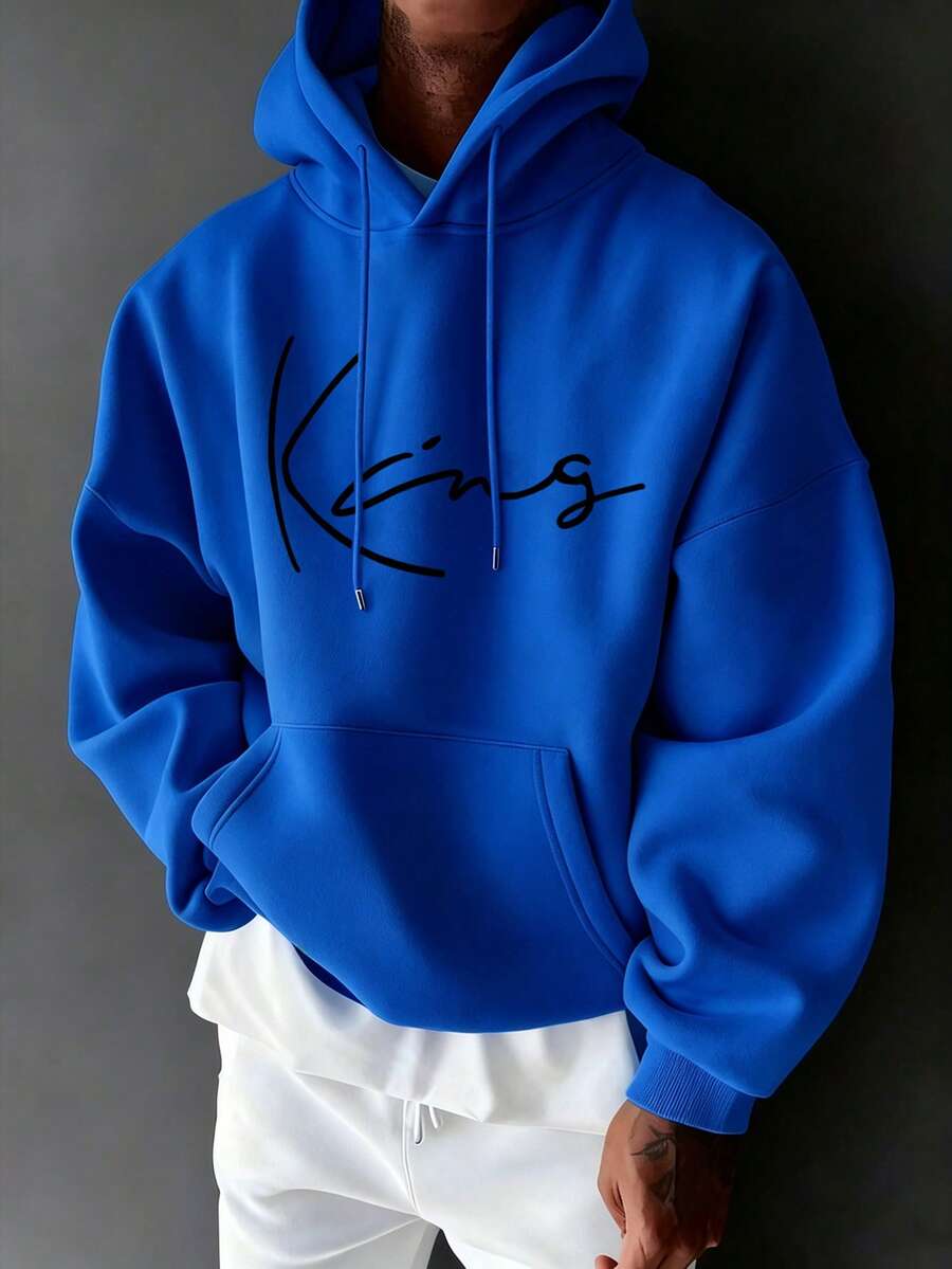 男士秋冬休閒時尚極簡字母印花袋鼠口袋抽繩連帽抓絨衛衣 - 藍色 - 查看 1