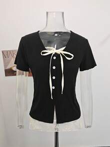 Korean Style Lace Patchwork Short Sleeve Blouse, Fitted & Slimming Design, Unique & Summer Top Black - Black - View 7