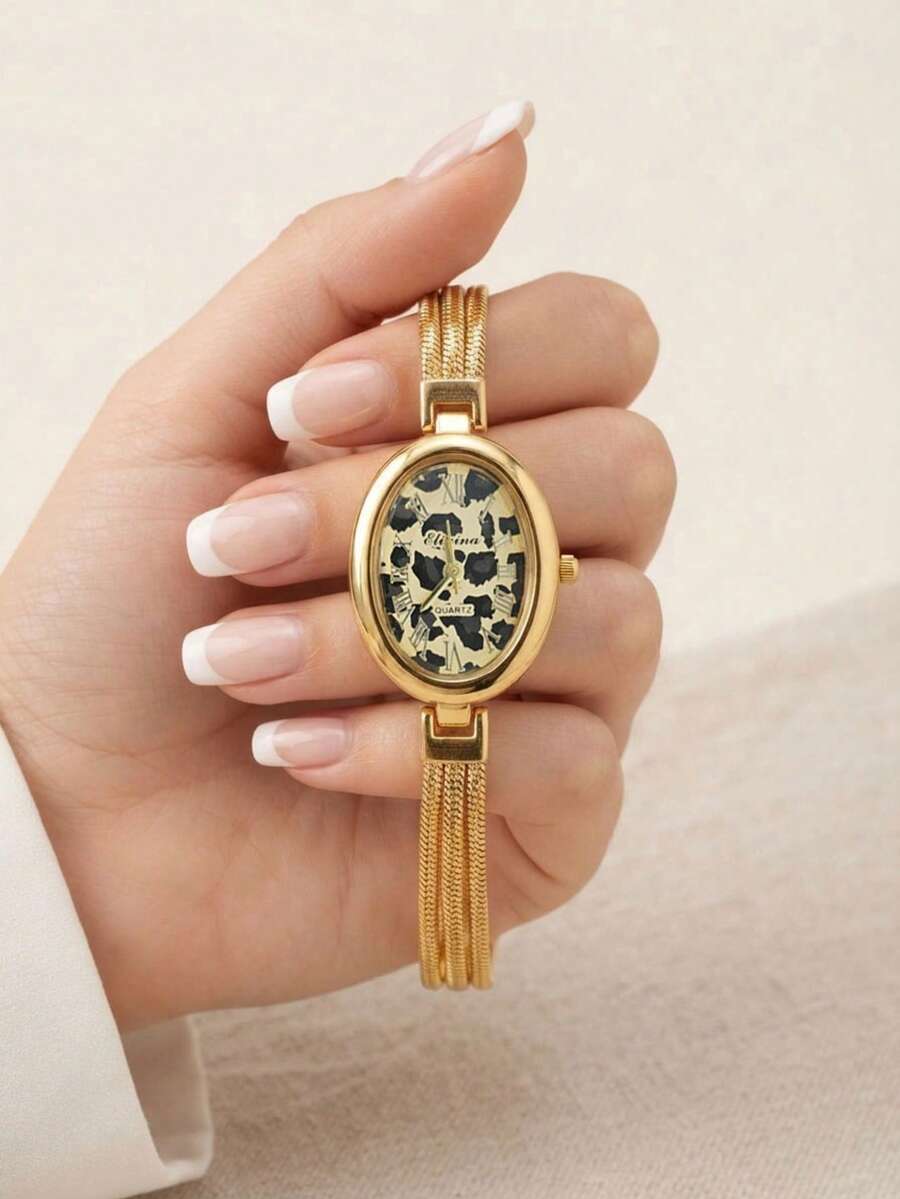 1pc Retro Leopard Print Design And Small Oval Ladies' Quartz Watch, In Gold Color, Suitable For Daily Wear, Party Occasions And As A Gift. - Gold - View 1