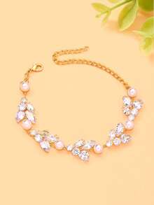 1pc Women's Elegant Gold Marquise Rhinestone Pearl Bracelet, Sparkling Leaf-Shaped Crystal Chain Bracelet, Suitable For Ball, Banquet, Date - Rhinestones - View 11