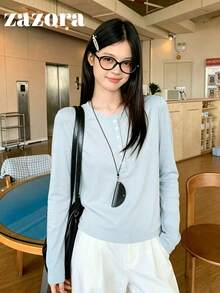 Korean Style Sweet & Spicy Niche Henley Collar Long Sleeve T-Shirt, Slim Fit Flattering Base Layer, Button Front Shoulder Top, Early Autumn - Blue - View 3