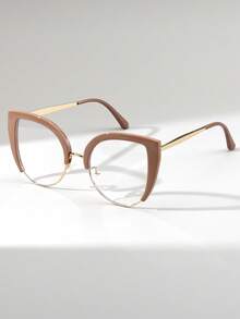1 Pair Women's Cat Eye Oversized Metal Frame Non-Prescription Glasses, Versatile Street Style, Suitable For Daily Wear And Accessories - Clear - View 3