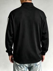 Men's Black & White Side Stripe Half-Zip Stand Collar Sweatshirt, Faux Layered Casual Pullover Top - Black - View 3