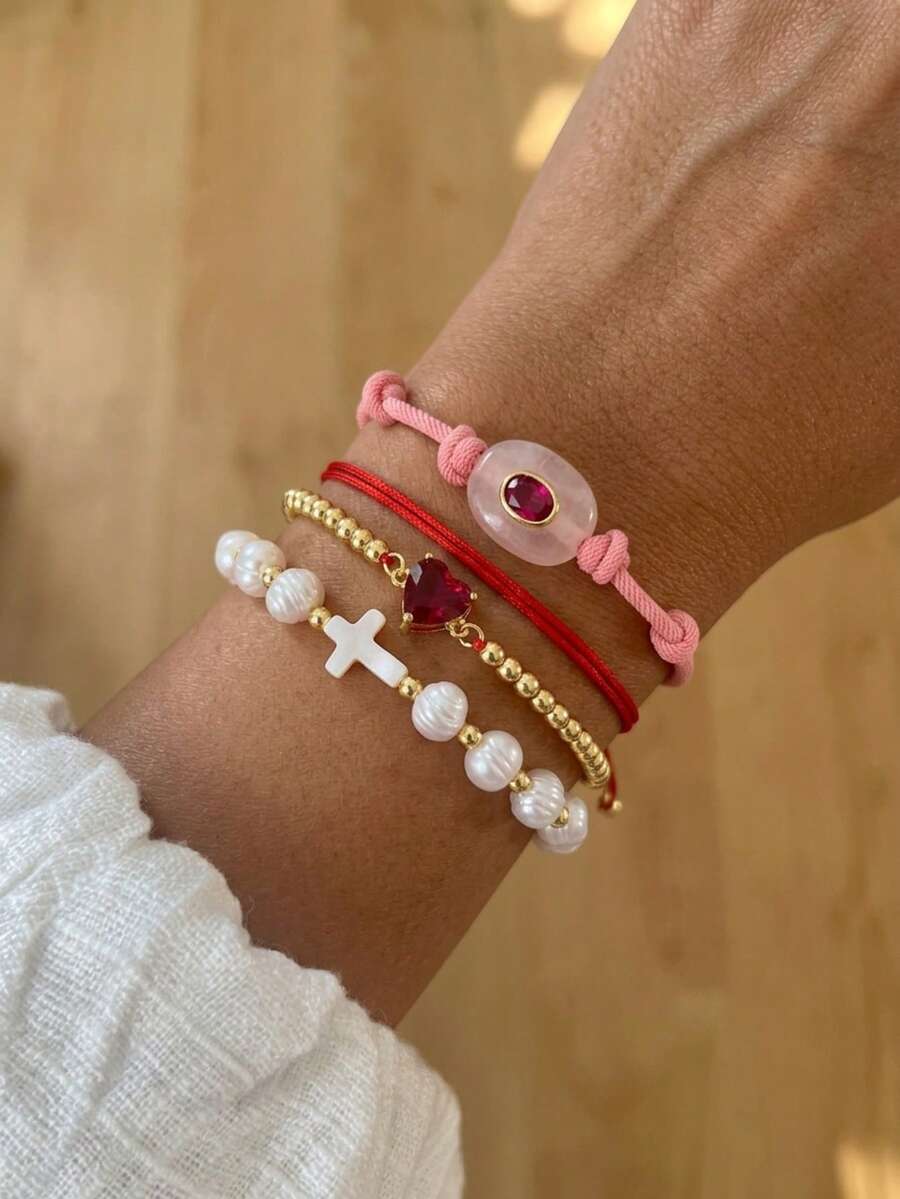 1pc Elegant Ins Style Fashion Copper Beaded Zirconia Heart Geometric Oval Natural Stone Cross Pearl Beaded Women's Bracelet, Suitable For Daily Casual Outings Shopping Parties Dates, Minimalist Design Women's Jewelry, Pearl Jewelry Natural Stone Jewelry Gift, Wedding Season Christmas