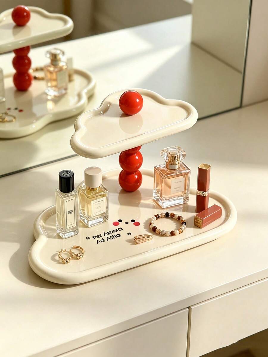 Two‑Tier Cloud‑Shaped Jewelry Tray With Black/Red Beaded Column Support&Pattern Accent Detail,Display For Perfume Watch&Accessories,Decorative Vanity Tray,Suitable For Dresser,Bedroom,Entryway,Bathroom Counter,All‑Season Household Daily Use Christmas