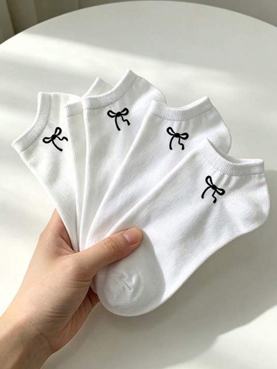 1/5 Pairs Bowknot Minimalist Comfortable Breathable Women's Boat Socks, Classic Solid Color Short Socks, Suitable For All Seasons Daily Wear - White - View 1
