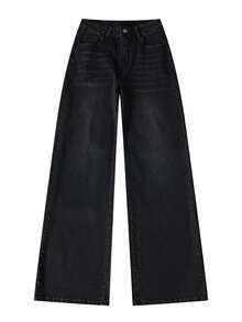 Women's Black Denim Wide Leg Pants, Button Decor, Long Casual Style, Medium Stretch Fabric, Comfortable All Day - Black - View 3