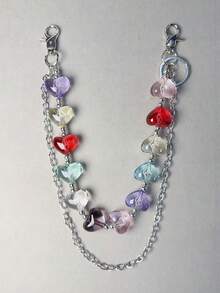 1pc Heart-Shaped Artificial Crystal Double Layer Chain Waist Chain Punk Hip Hop Unisex Pocket Chain Keychain Wallet Chain Luxury Accessory Holiday Gift - Multicolor - View 4