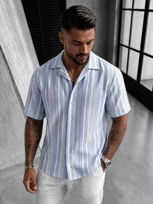 男士夏季短袖提花襯衫，休閒時尚設計，日常穿著 - 淺藍色 - 查看 4