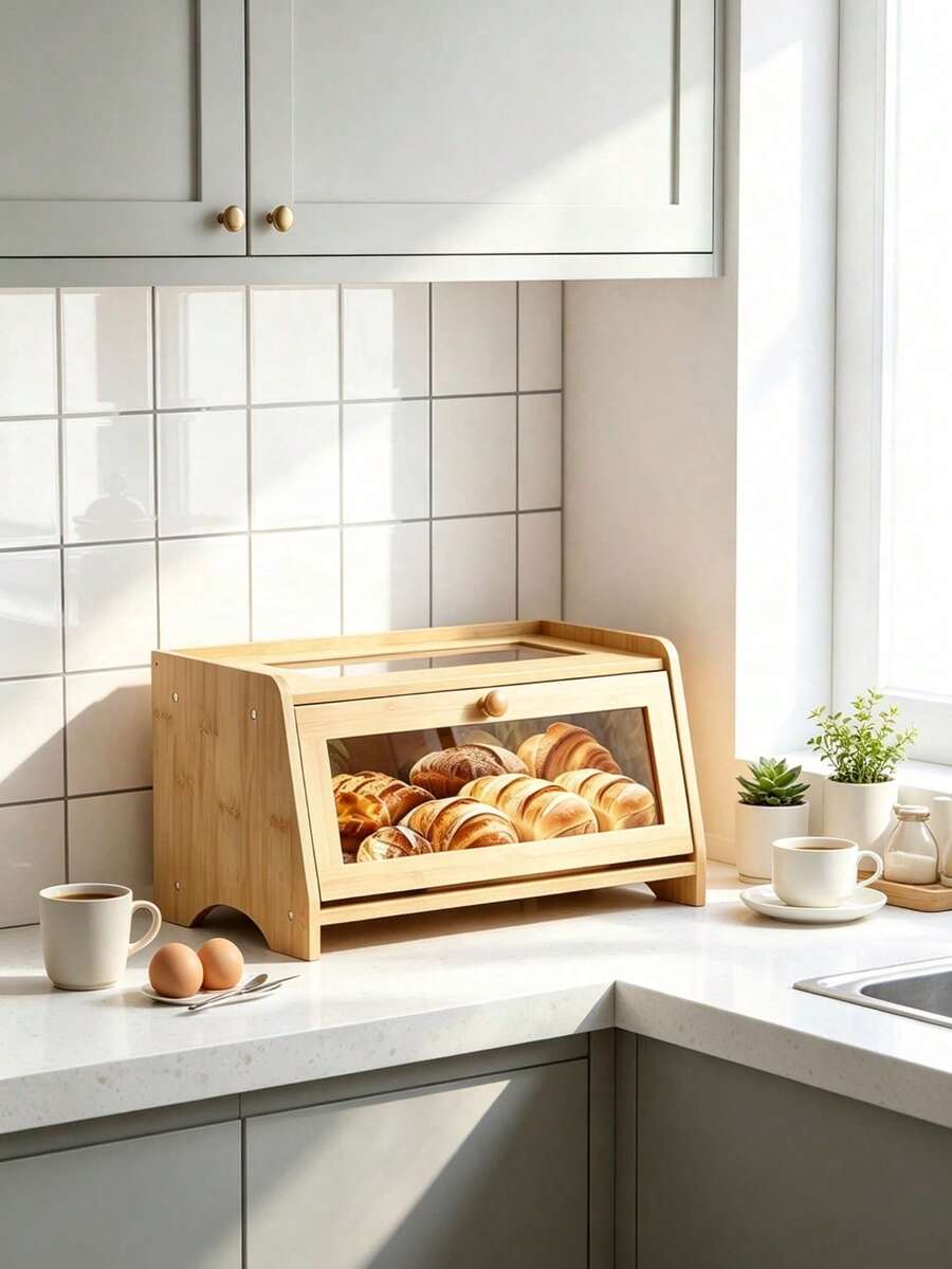 Bamboo Bread Storage Box, Transparent Visible Design For Dust‑Proof And Fresh‑Keeping, Smooth Knob‑Operated Opening And Closing, Large‑Capacity Design To Keep Bread Fresh - Multicolor - View 1