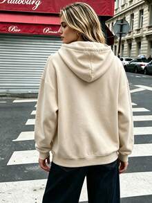 Women's American Collegiate Style Beige Sweatshirt, BOSTON Letter And Equestrian Logo Print, Loose Fit, Dropped Shoulder Design, With Pockets, Pullover - Apricot - View 2