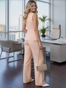 HOMEYEE Women's Fashion Pink Sleeveless Button Decor Tank Top & Wide Leg Pants Set, Elegant Commuter Outfit - Pink - View 2