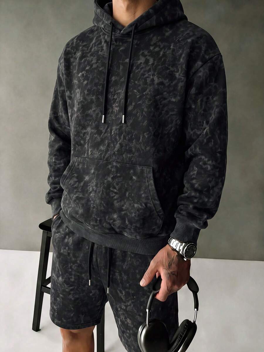 Men's New Casual 2 Pieces Set With Mottled Water-Washed Fabric Hooded Drawstring Sweatshirt And Elastic Drawstring Shorts - Black - View 1