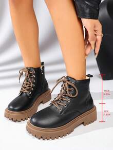 Women's New Fashion Versatile Round Toe Thick Sole Height-Increasing Boots - Black - View 2