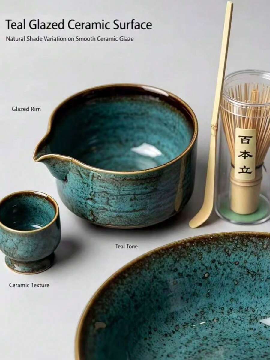 Complete Matcha Ceremony Set, 5 Styles To Choose From, Ceramic Matcha Bowl With Spout, Bamboo Broom And Broom Holder