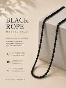 Unisex Black Twisted Rope Chain Necklace, Gift For Friends - Black - View 8