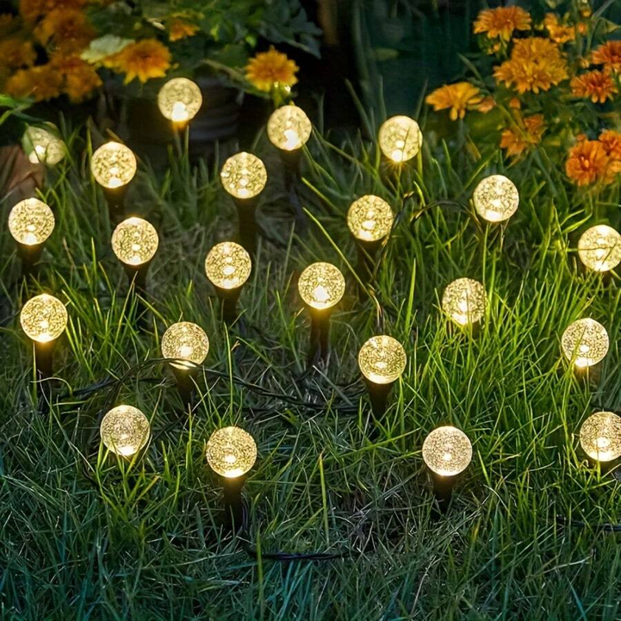 Đèn cắm cỏ LED năng lượng mặt trời ngoài trời hình quả cầu vân rạn, ánh sáng tạo không khí ấm cúng, thiết kế chống nước, phù hợp trang trí sân cỏ, sân sau và vỉa hè