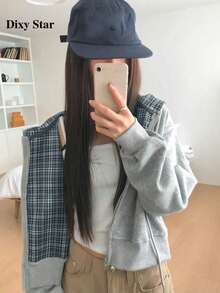 Korean Niche Design Plaid Patchwork Loose Hooded Sweatshirt Tops (Random Plaid) - Grey - View 7