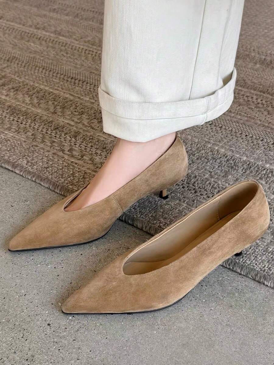 2026 New Plus Size Women's Pointed Toe V-Neck Low Heel Slip-On Elegant Low Vamp Pumps - Khaki - View 1