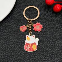 1Pc Alloy Enamel Lucky Cat Keychain, Chinese Style Fortune Pendant, Gold Ring Bag Charm, Christmas Gift - Red - View 16