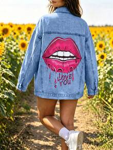 HAPPY GIRL#Spring Autumn Fashion Festival Holiday Daily Travel Airport Outfit Women's Graphic Print Comfortable Commute Denim Jacket - Blue - View 7