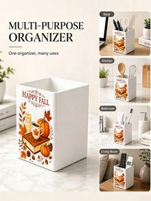 1pc "HAPPY FALL" Multi-Functional Storage Organizer Box - Makeup Organizer, Desktop Shelf, Bathroom Countertop Storage Rack (Suitable For Storing Cosmetics, Makeup Brushes, Jewelry, Utensils, Straws, Tea Bags, Pens, Remote Controls And Small Items); Compact Space-Saving Storage Solution For Vanity, Bathroom, Kitchen, Office, Bedroom, Living Room (Please Note Size And Random Pattern Before Ordering) - Multicolor - View 3