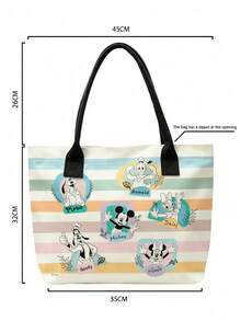 Miniso Disney 米奇與好友帆布托特包，馬卡龍色條紋印花，附手柄肩背包，適合日常使用 - 黑色 - 查看 6