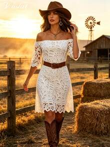Vuslat Women's Autumn Fashion Casual Embroidered Hollow Off-Shoulder Short Dress, Suitable For Dating, Party, Back To School, Graduation, - White - View 9
