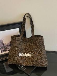 1pc Women Leopard Print Tote Bag Embroidered Letter Decor Multi‑Pocket Wide Strap Large Capacity Casual Shoulder Handbag - Multicolor - View 8