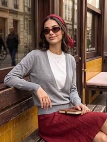 Elegant European & American Early Autumn Relaxed Commute Colorblock Knit Cardigan Soft Drape Drop Shoulder Loose Straight Long Sleeve Ribbed Workplace Coat Inner Layer Street Casual Minimalist Basic Layering Knit Outerwear - Grey - View 3