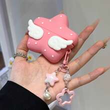 1pc Pink Polka Dot Star Wing Silicone Earphone Protective Case With Star Hanging Chain, Compatible With Apple 1/2 Pro, 3/Pro (2nd Generation), 4/Pro3 - Multicolor - View 2